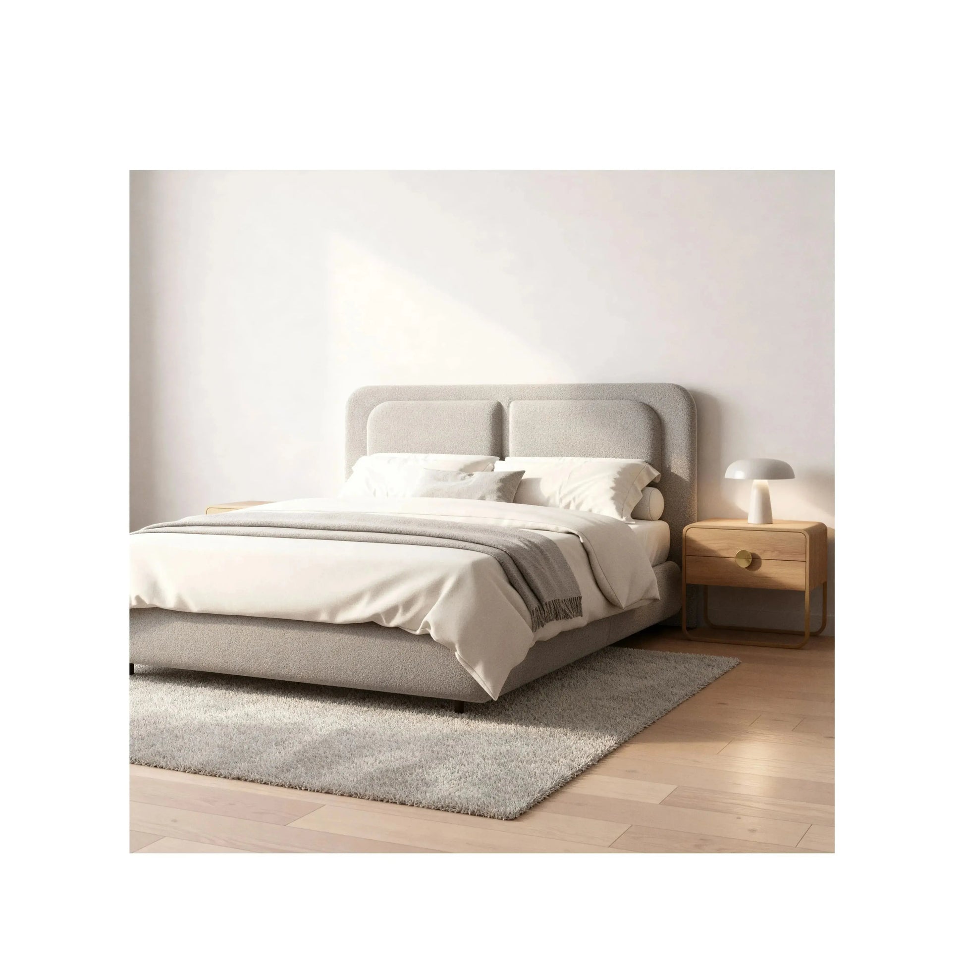 Cama Melodia – cama estofada com cabeceira de curvas orgânicas em linho ou bouclé