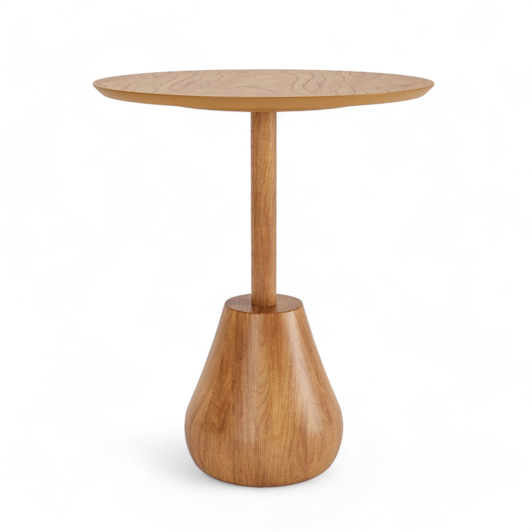 Mesa auxiliar de madeira com tampo oval e base arredondada tipo pera