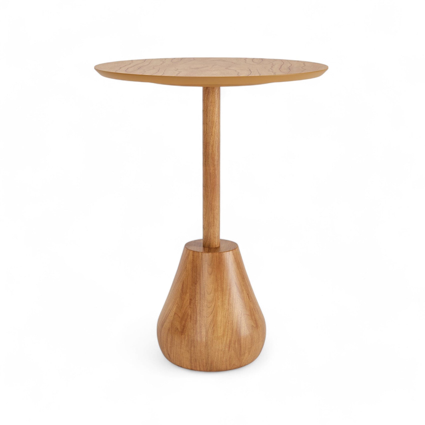 Mesa auxiliar de madeira com tampo oval e base cônica única