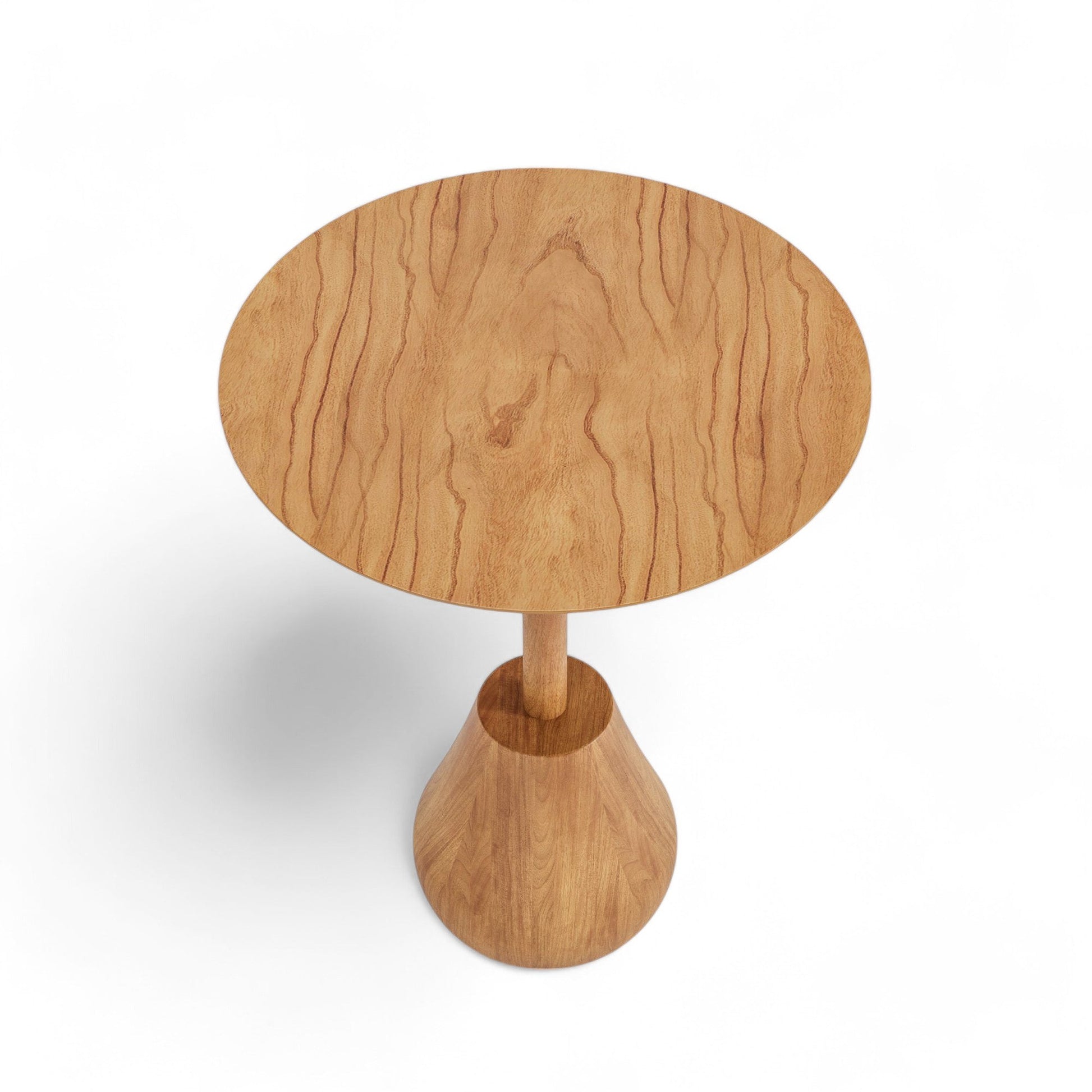 Mesa auxiliar oval de madeira clara, tampo com veios e base arredondada