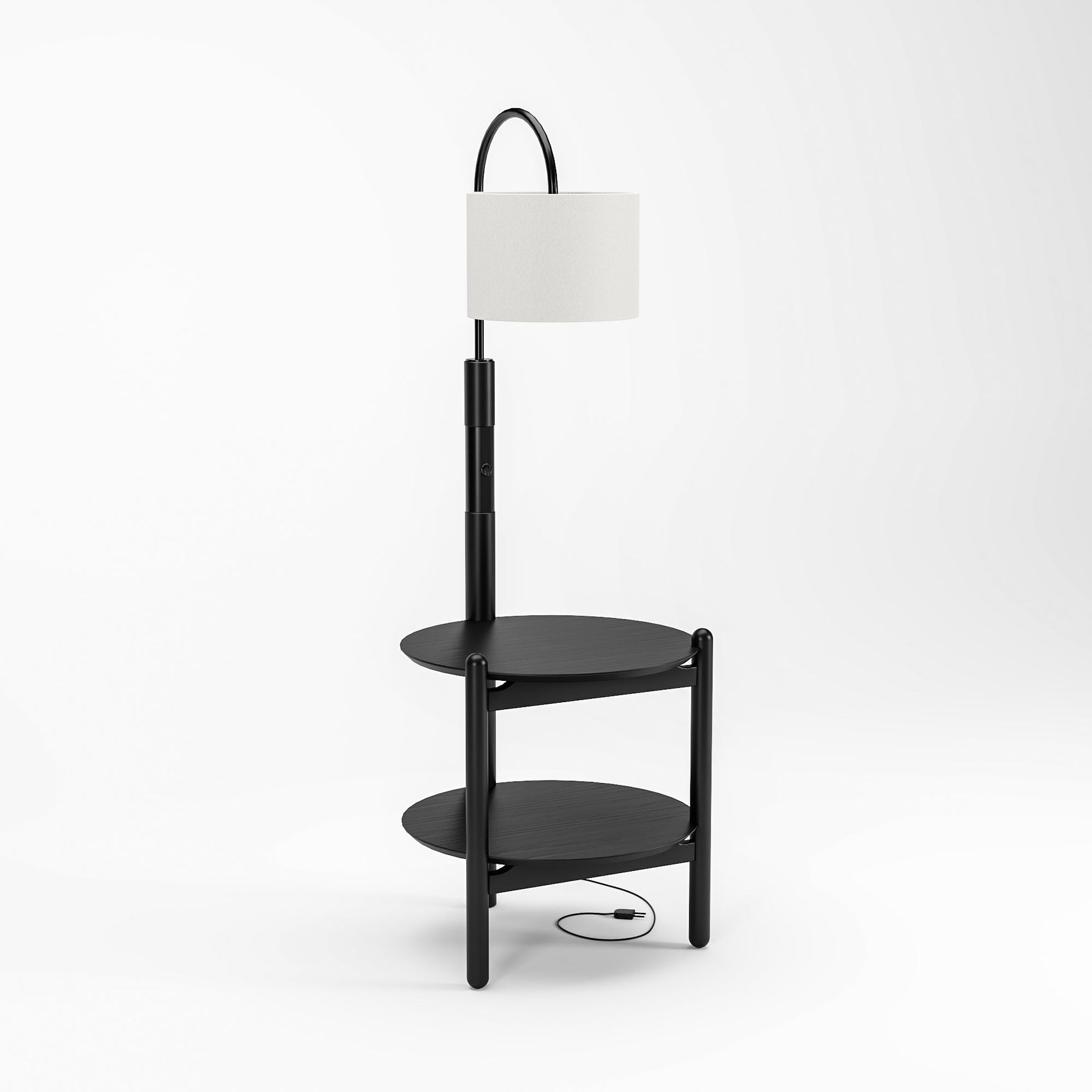 Mesa de cabeceira com luminária e prateleiras redondas, estrutura preta