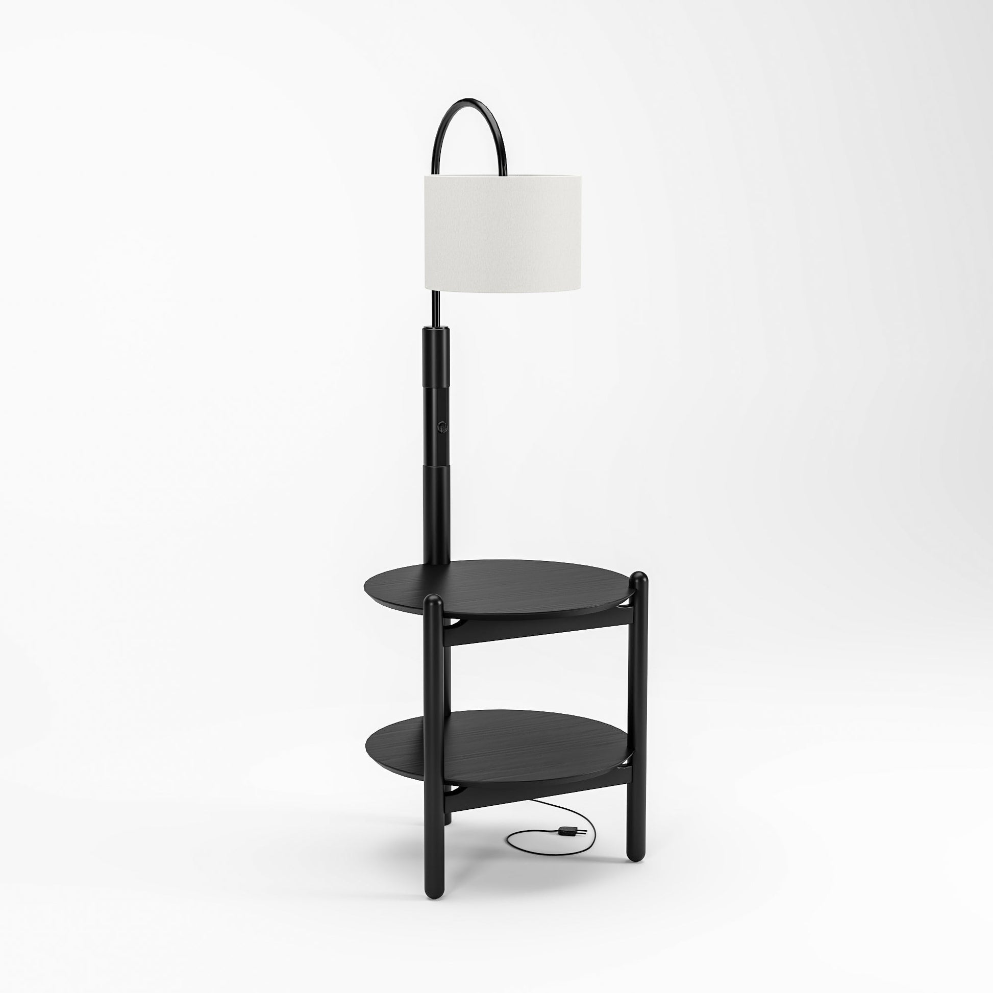 Mesa de cabeceira com luminária e prateleiras redondas, estrutura preta