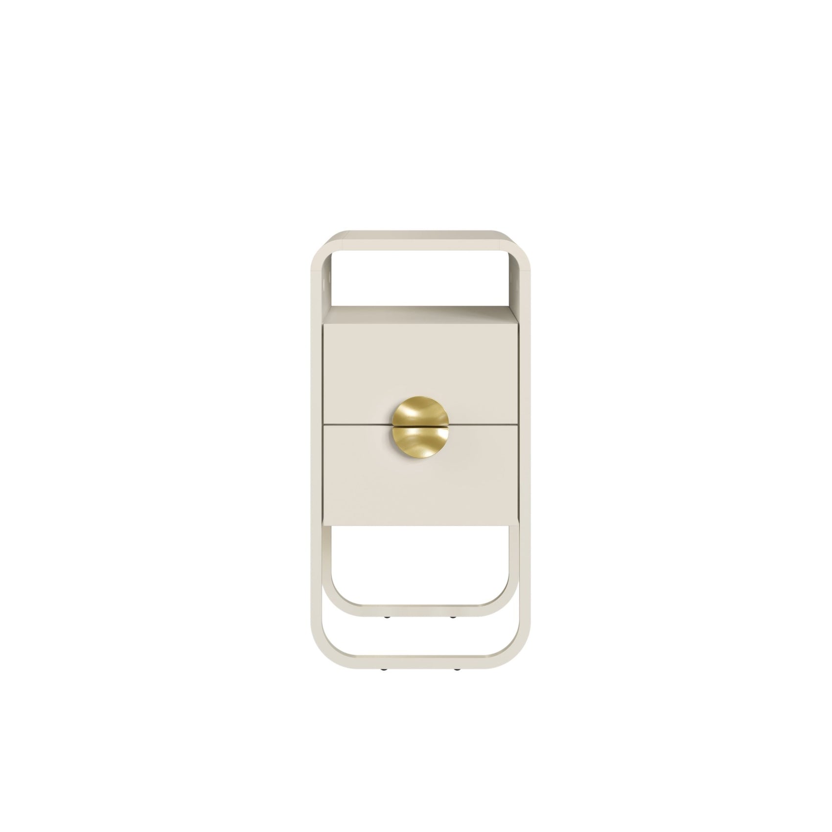 Mesa de cabeceira off-white com nicho e gaveta, puxador dourado