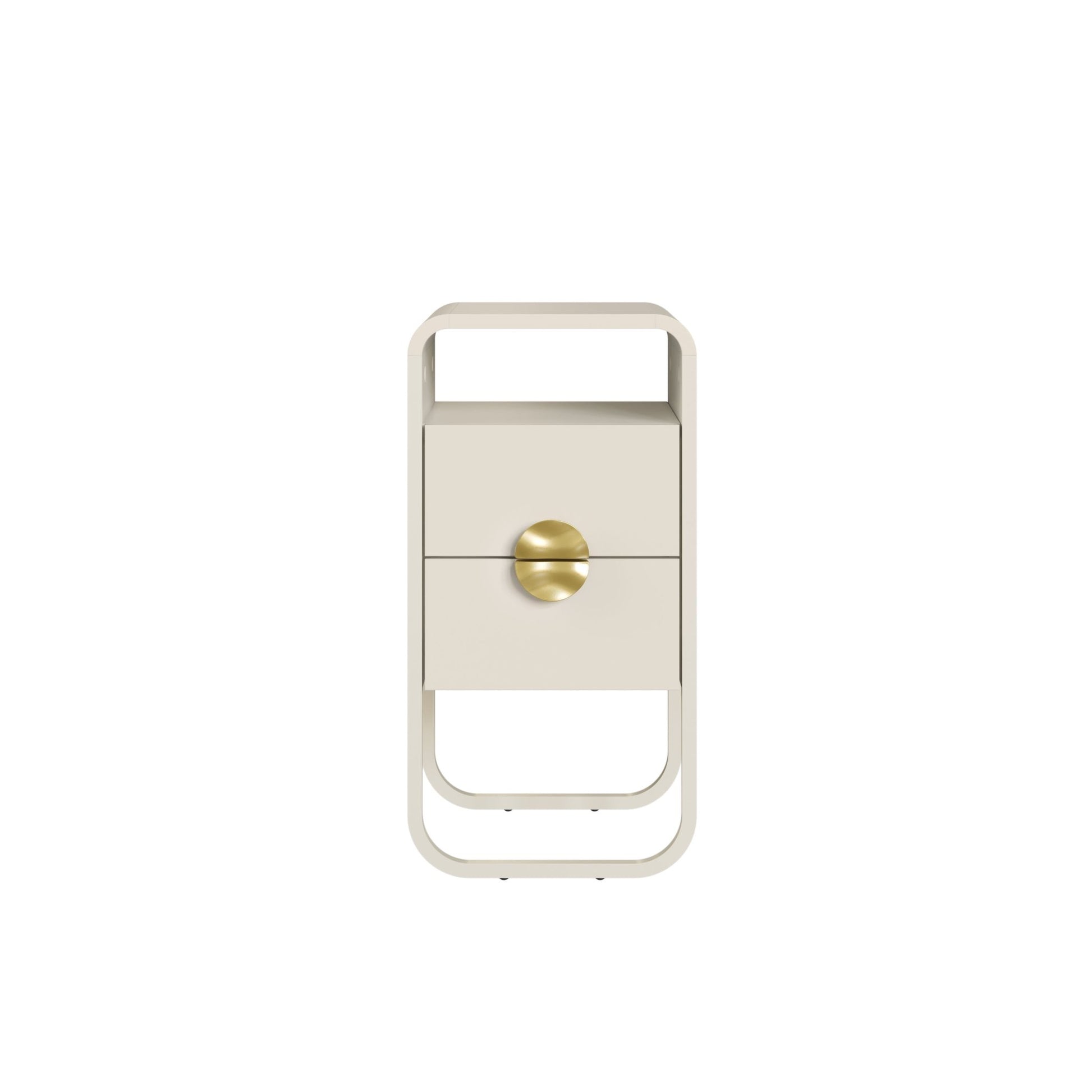 Mesa de cabeceira off-white com nicho e gaveta, puxador dourado