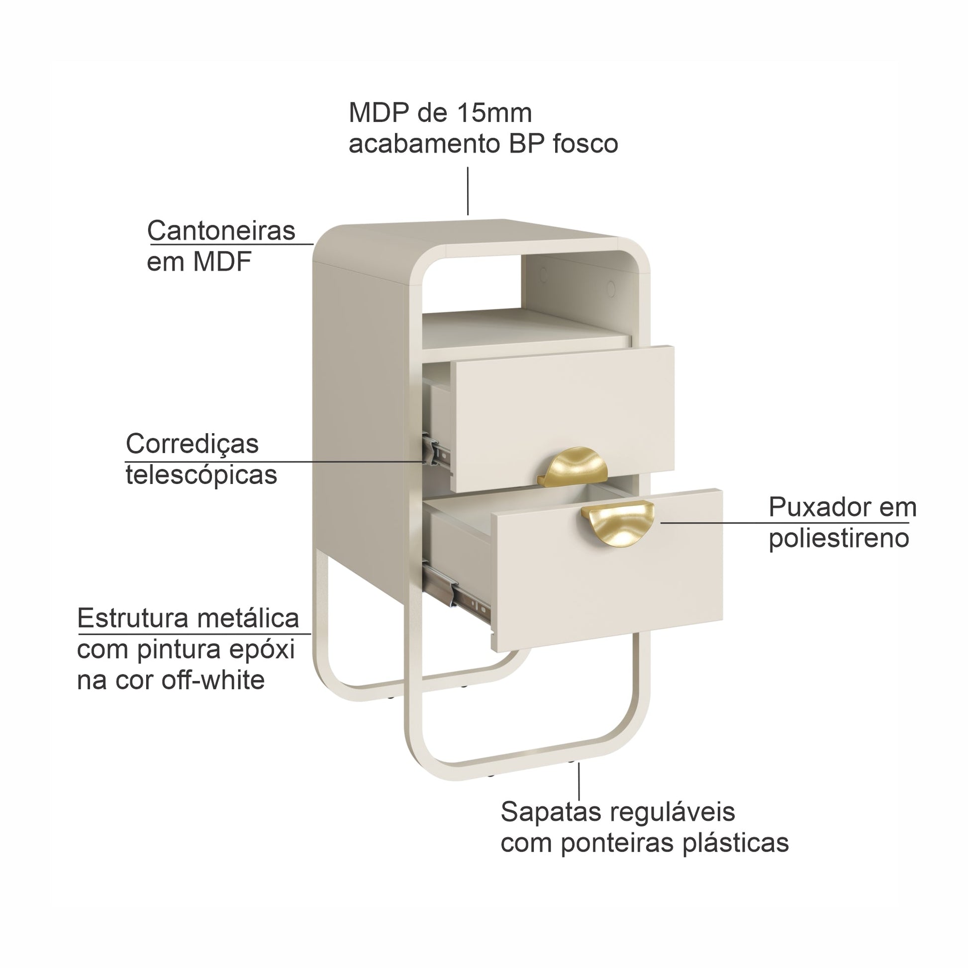 Mesa de cabeceira off-white com 2 gavetas, corrediças telescópicas e pés ajustáveis