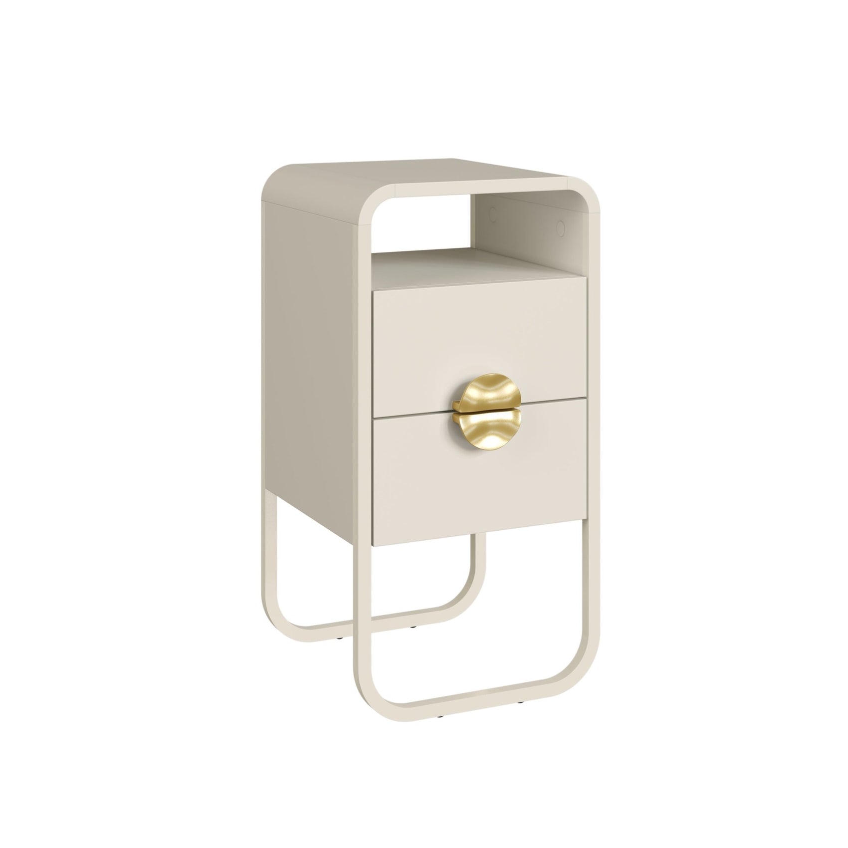 Mesa de cabeceira off-white com nicho superior e gaveta, puxador dourado