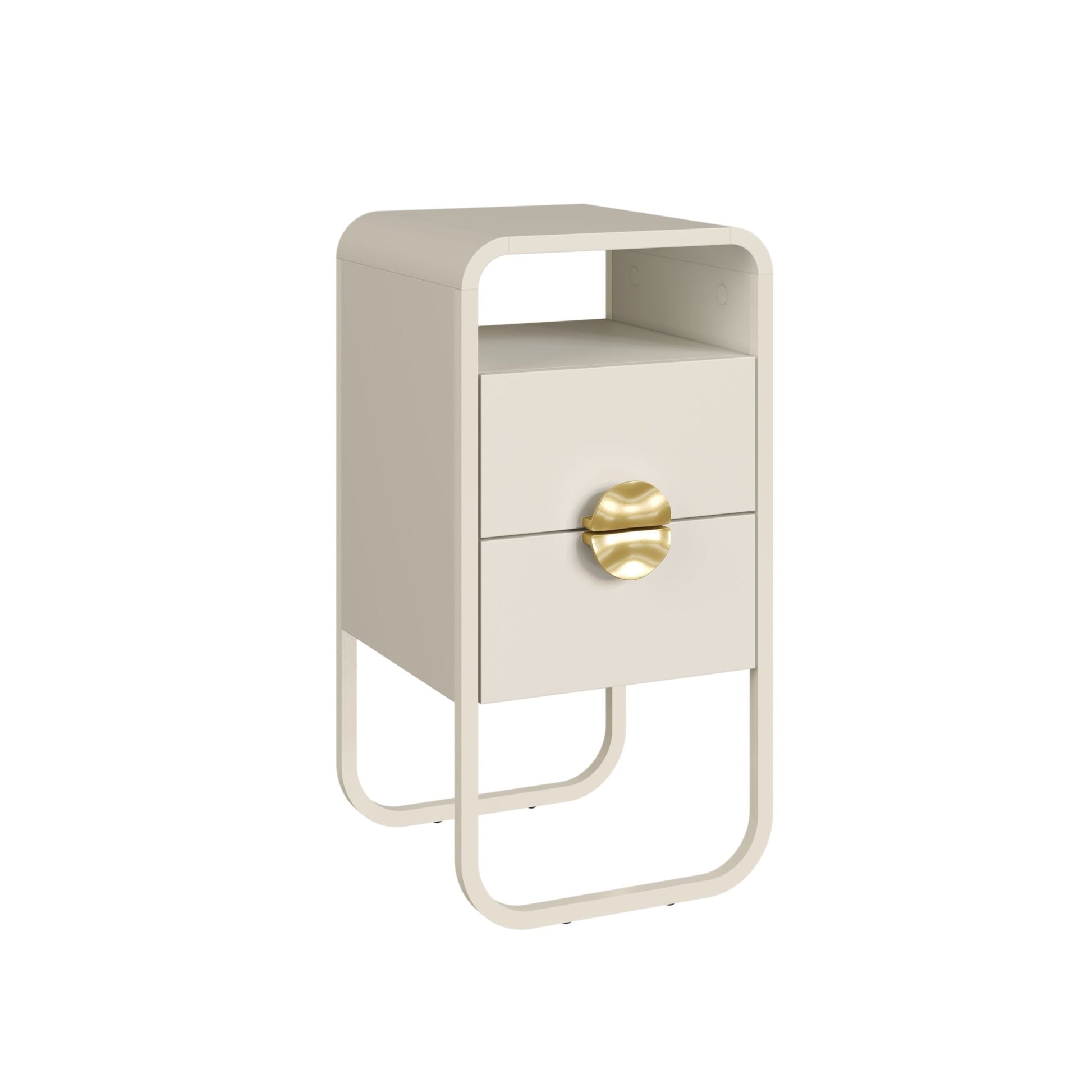 Mesa de cabeceira off-white com nicho superior e gaveta, puxador dourado