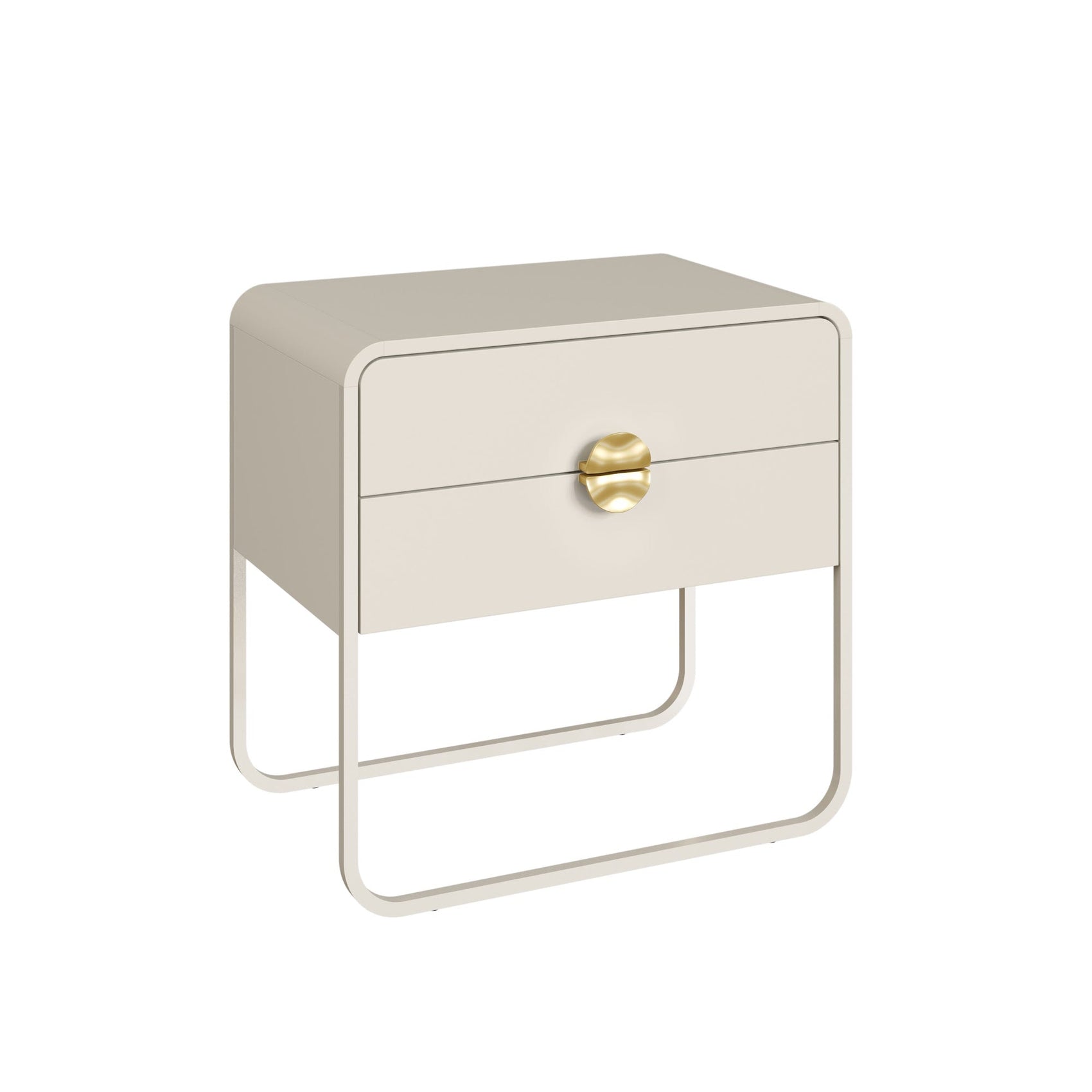 Mesa de cabeceira offwhite com gaveta, puxador dourado e base metálica com pés