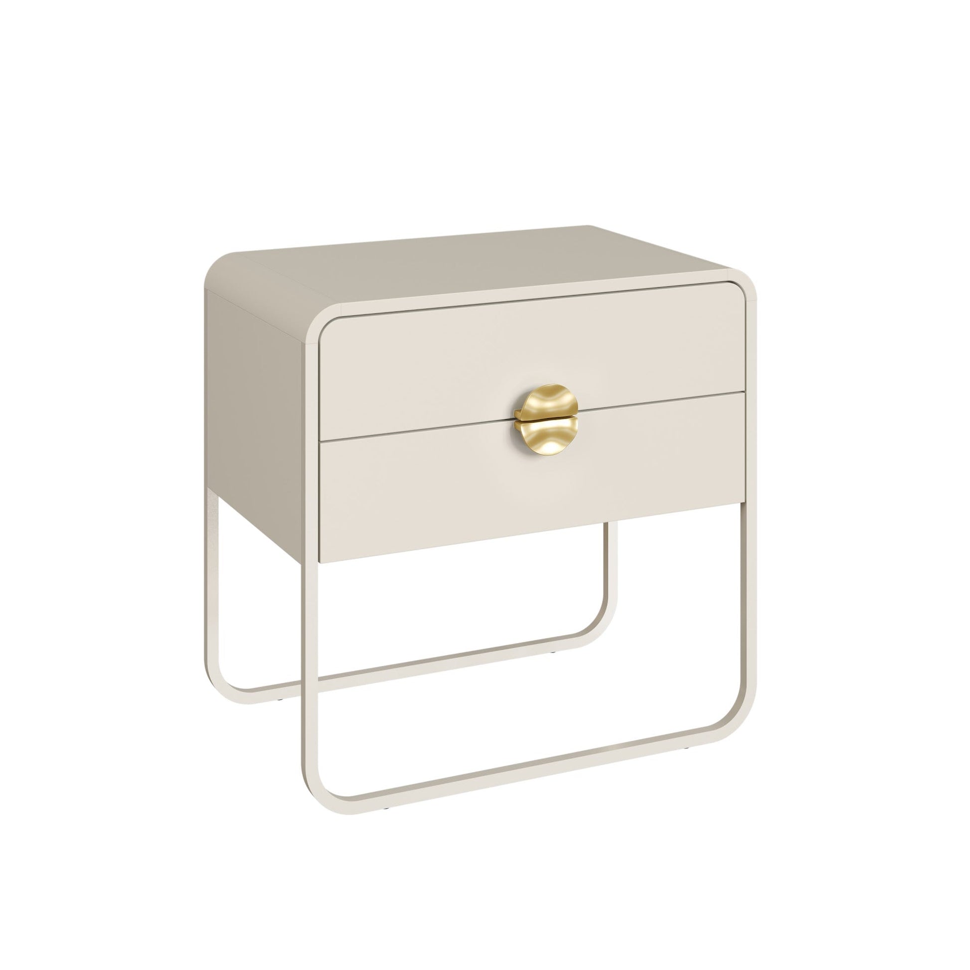 Mesa de cabeceira offwhite com gaveta, puxador dourado e base metálica com pés