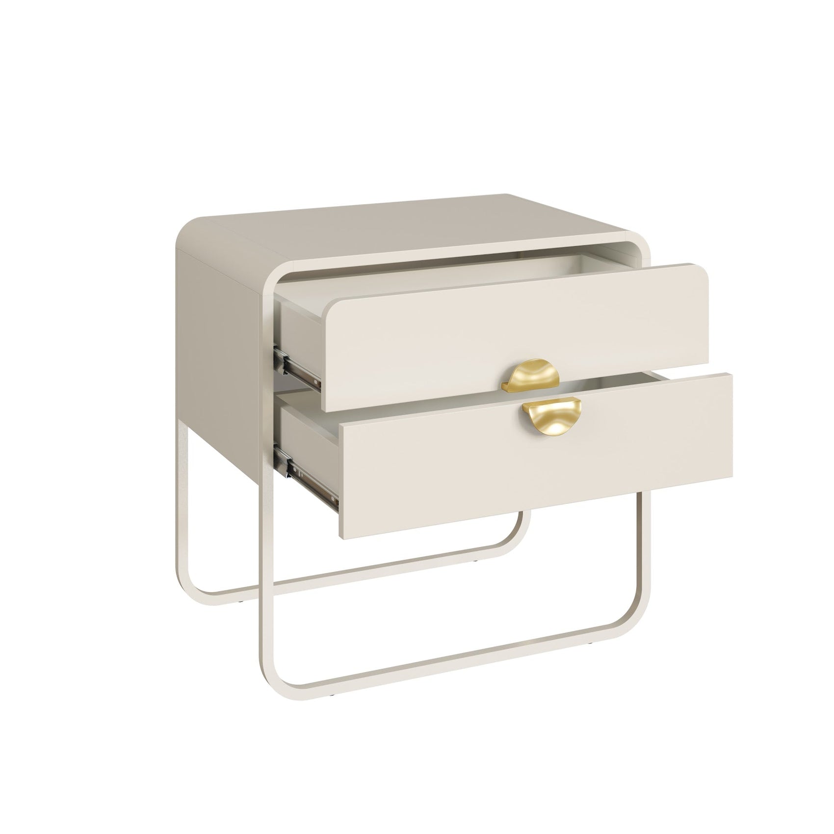 Mesa de cabeceira offwhite com gaveta frontal, puxador dourado e base metálica