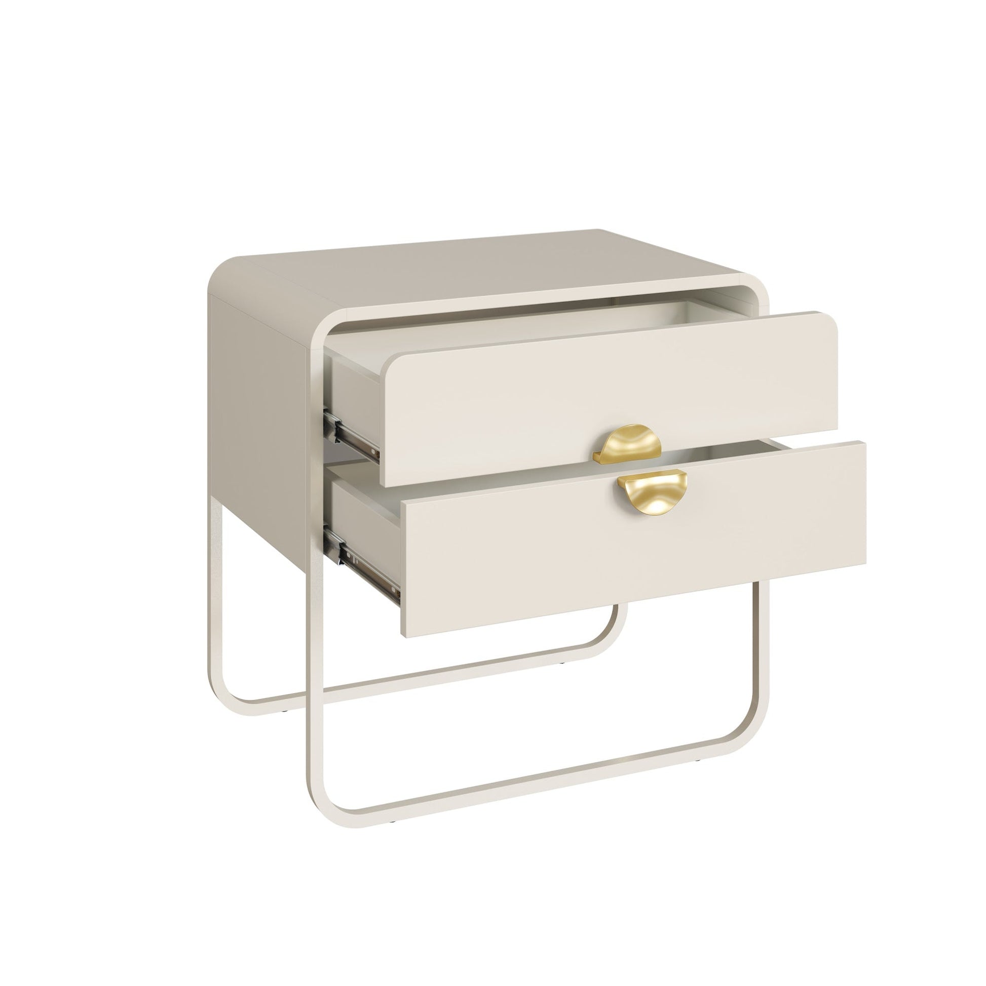Mesa de cabeceira offwhite com gaveta frontal, puxador dourado e base metálica