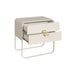 Mesa de cabeceira offwhite com gaveta frontal, puxador dourado e base metálica