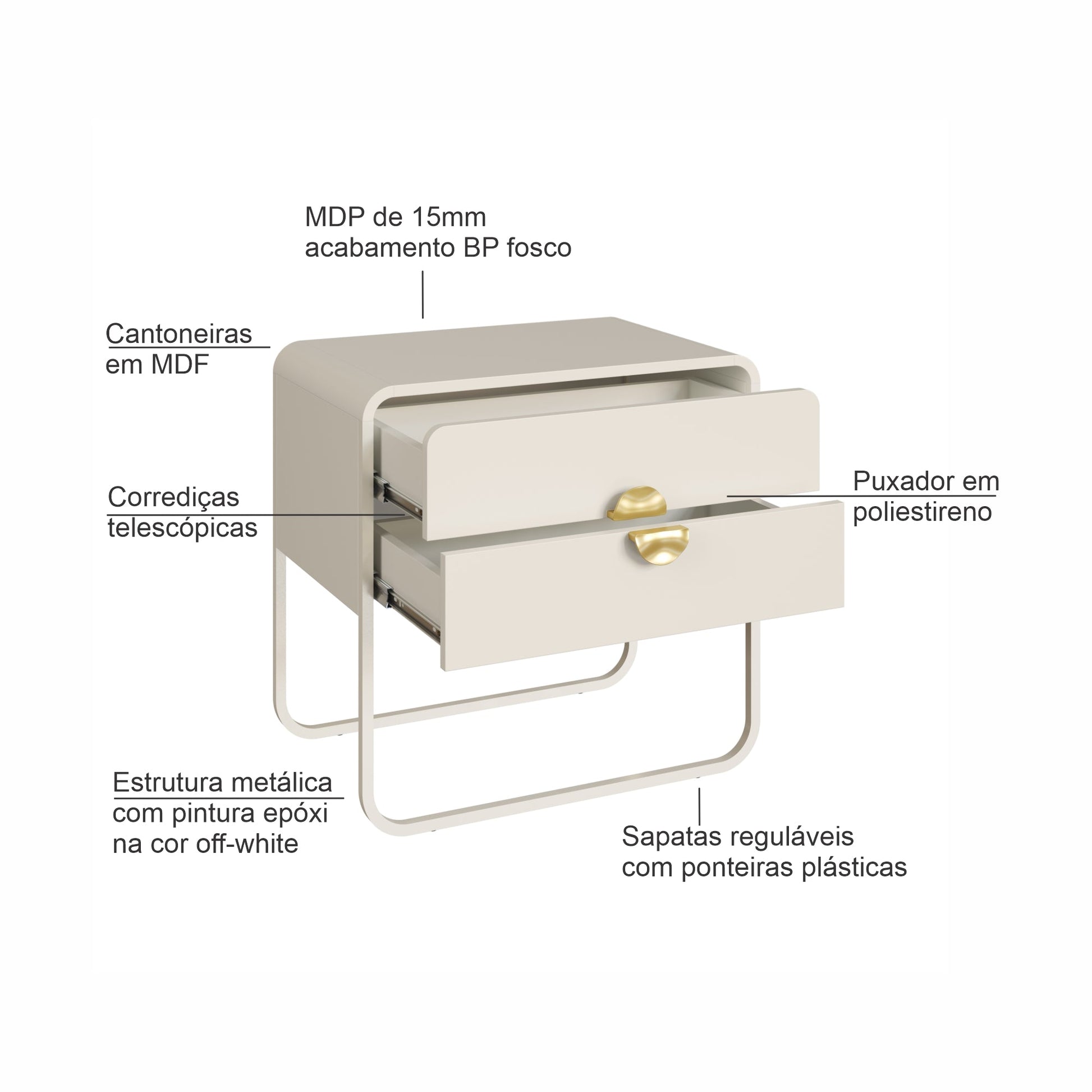 Mesa de cabeceira offwhite com gaveta, puxador dourado e estrutura metálica