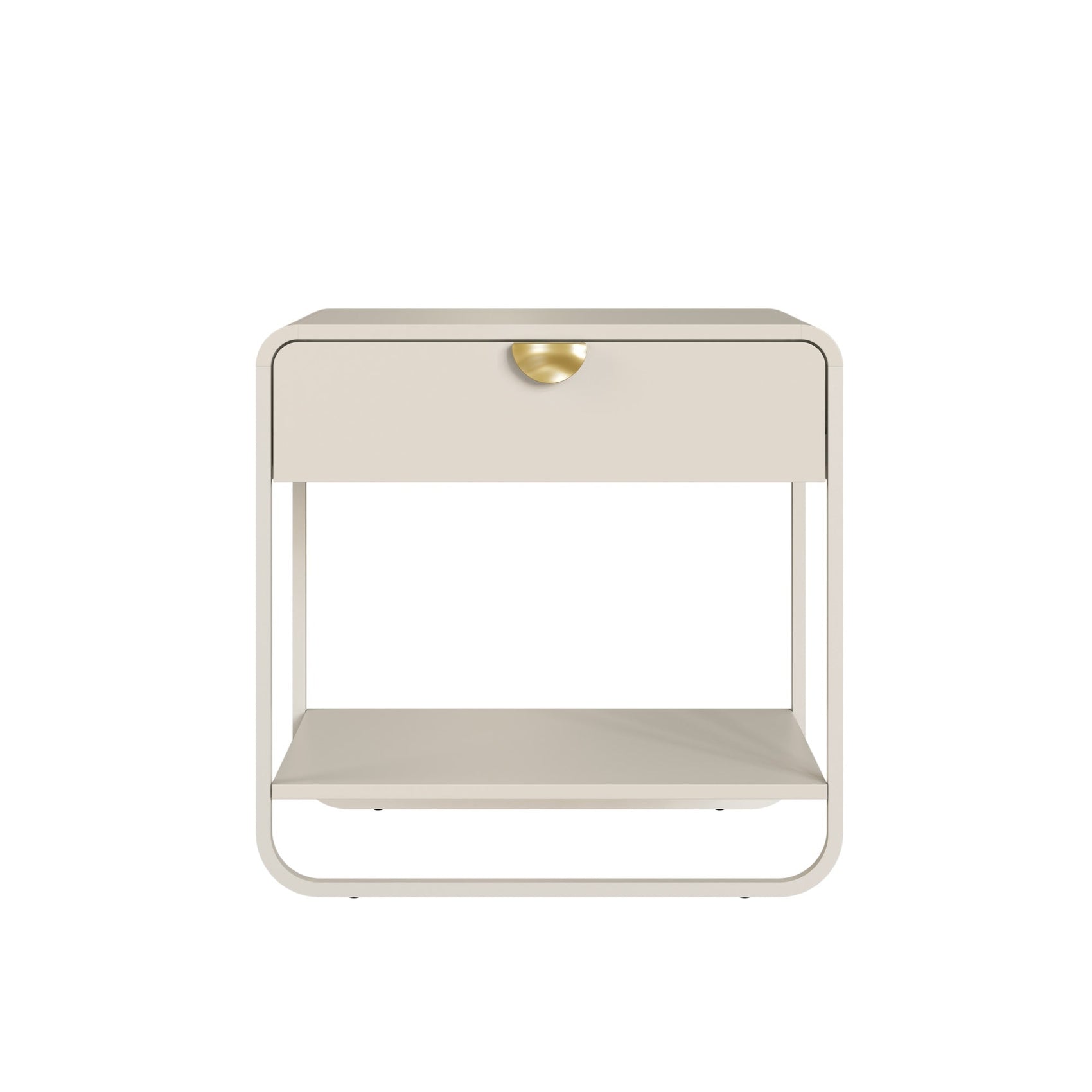 Mesa de cabeceira offwhite com gaveta e prateleira inferior, puxador dourado e base metálica
