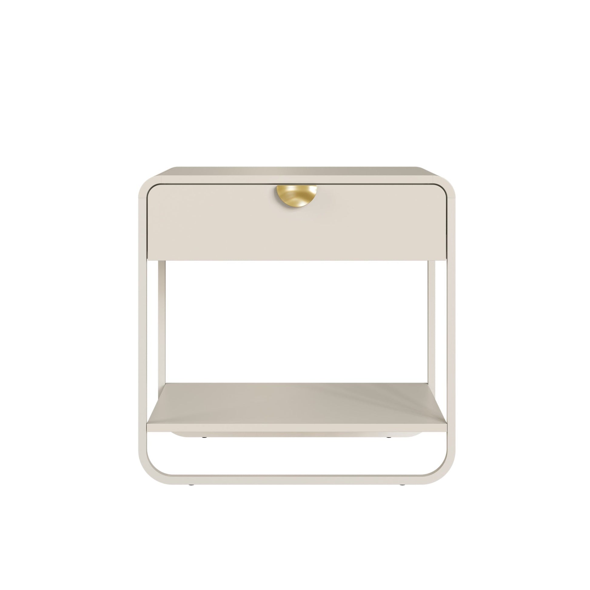 Mesa de cabeceira offwhite com gaveta e prateleira inferior, puxador dourado e base metálica