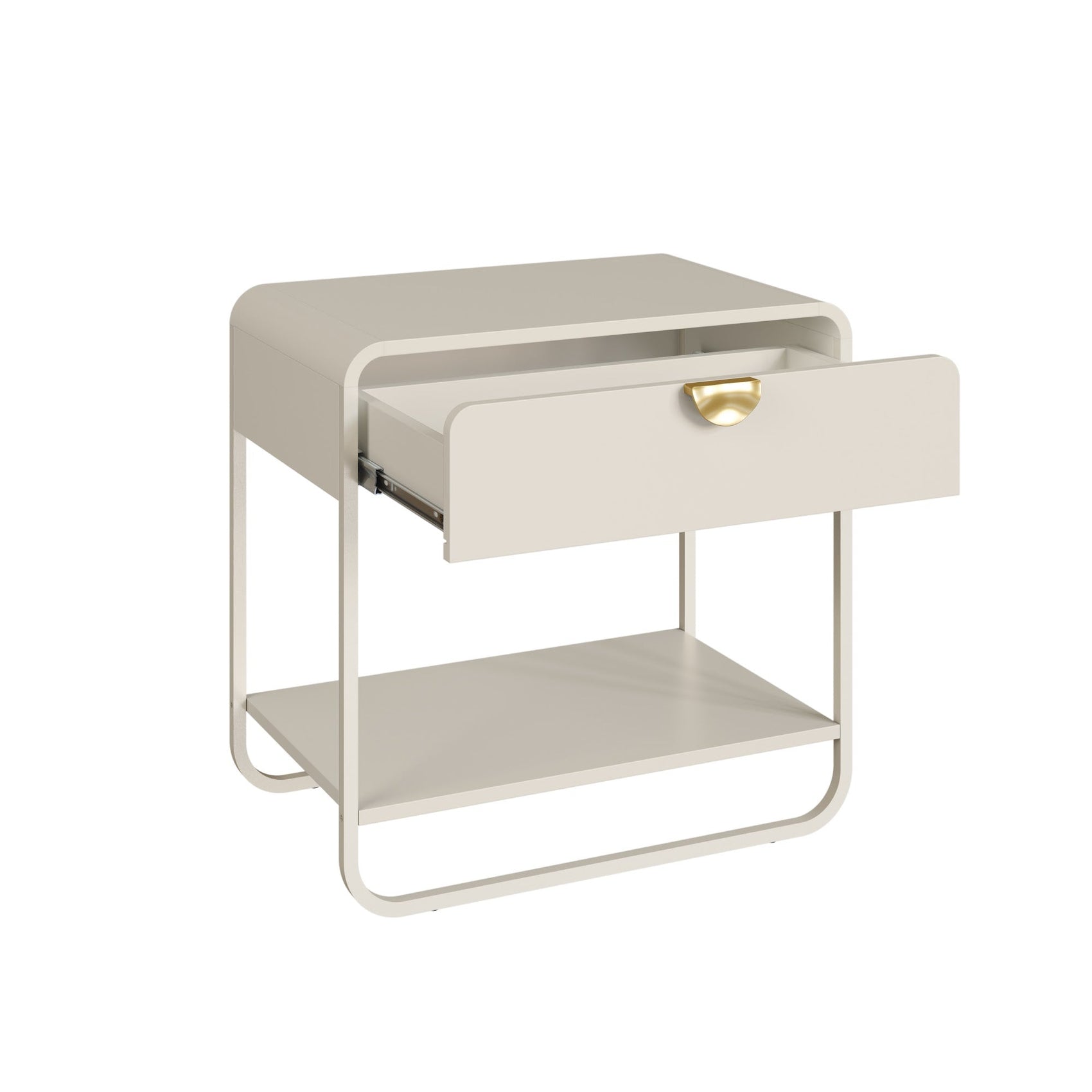 Mesa de cabeceira offwhite com gaveta parcialmente aberta, prateleira inferior e puxador dourado