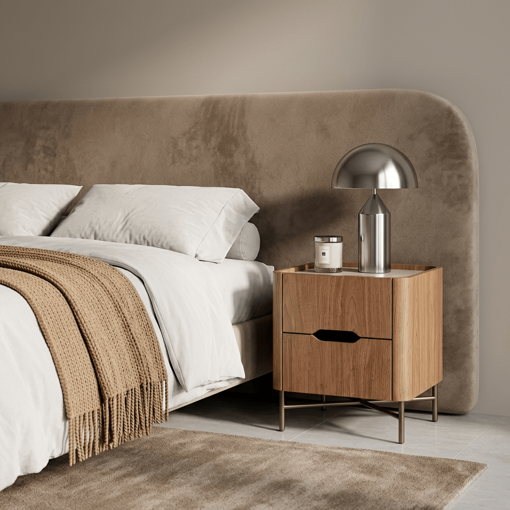 Mesa de cabeceira de duas gavetas ao lado de cama em quarto com cabeceira estofada e luminária