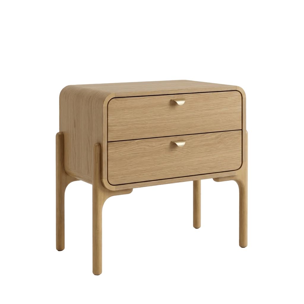 Mesa de cabeceira de madeira clara com 2 gavetas e laterais arredondadas.