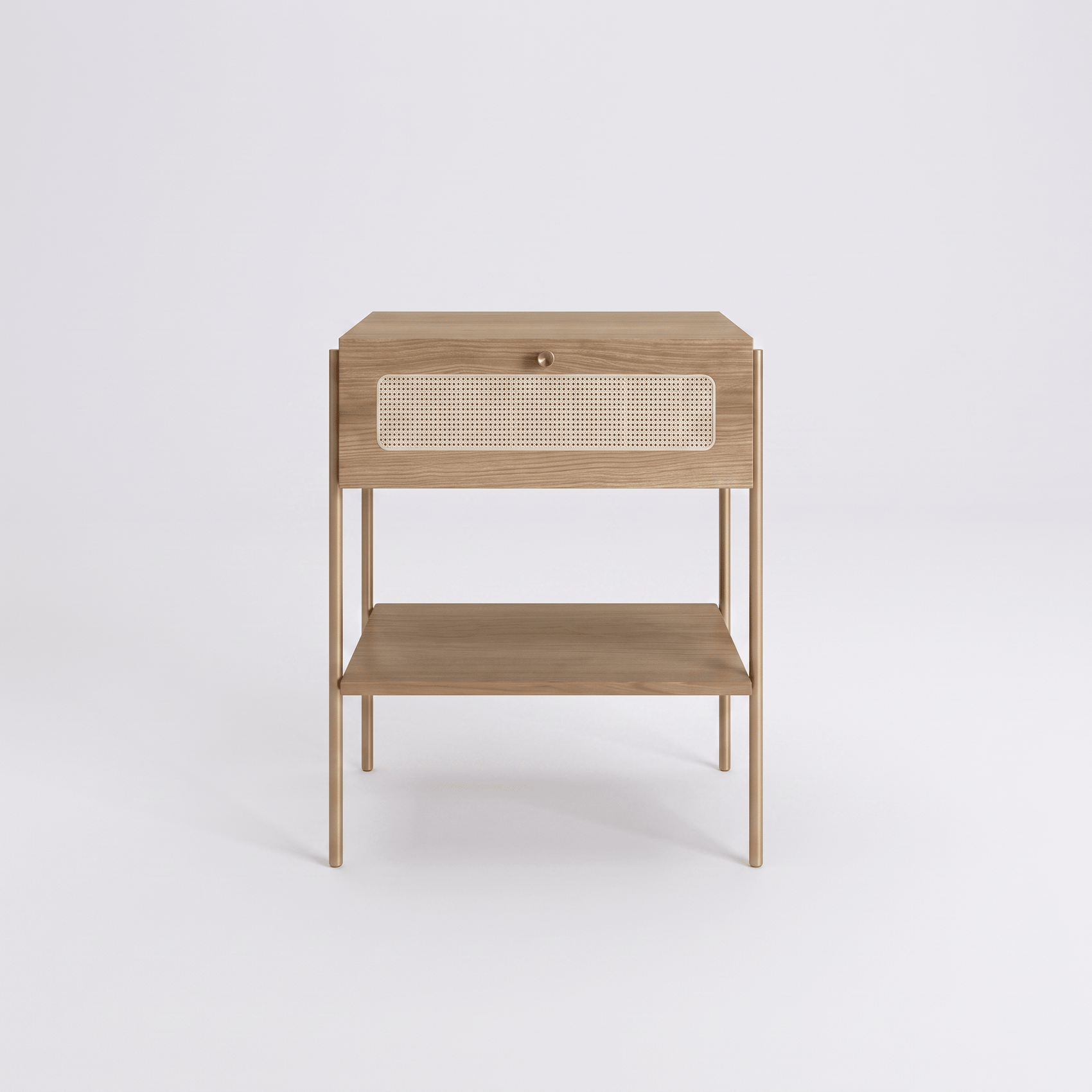 Mesa de cabeceira madeira ipê, 1 gaveta com painel vazado e pés metálicos.
