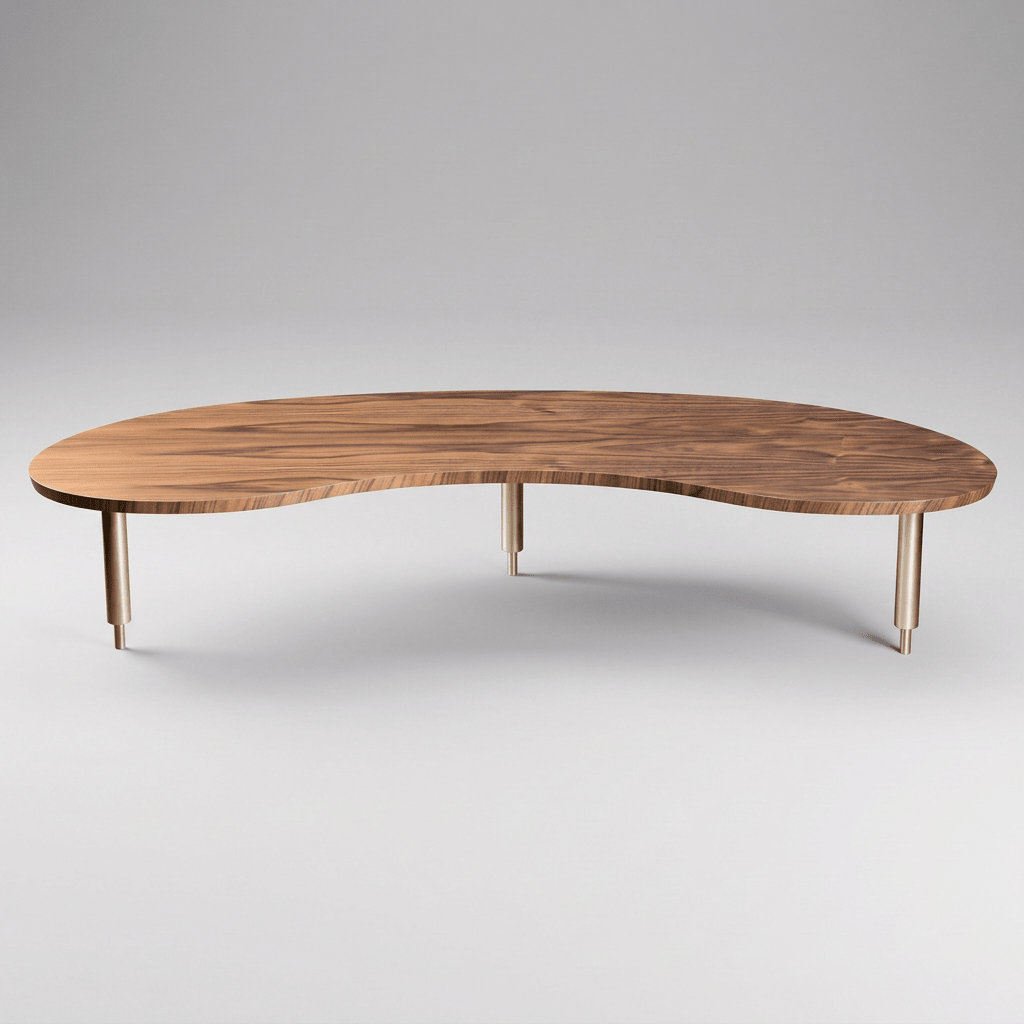 Mesa de centro baixa de contorno orgânico apoiada em três pés metálicos, vista frontal