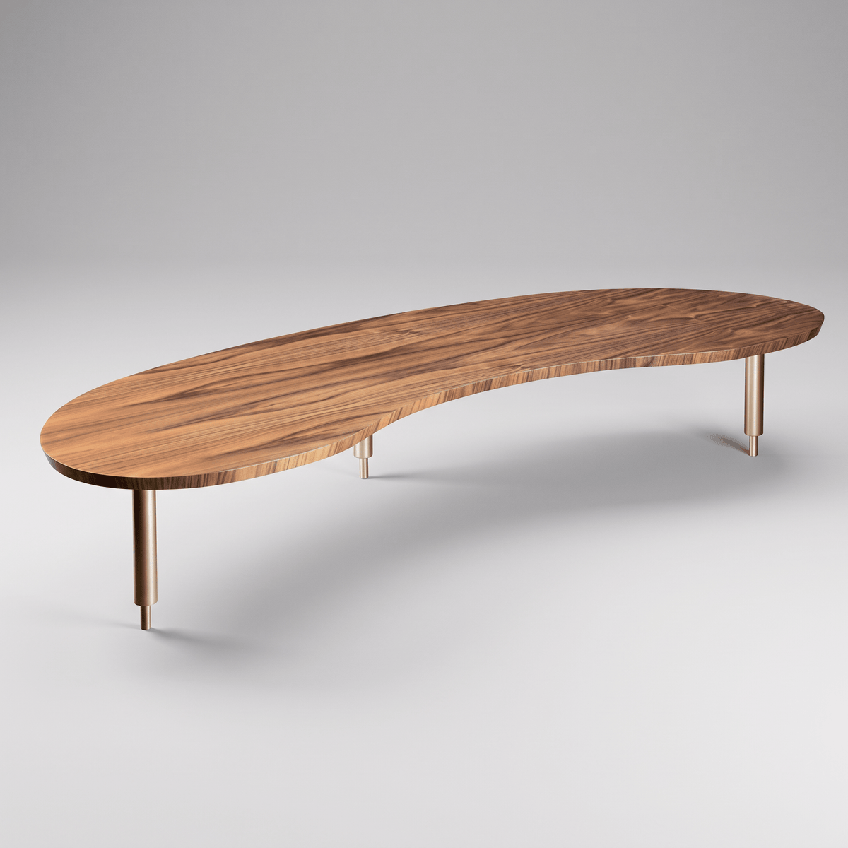 Mesa de centro de contorno curvo com veios da madeira à mostra, vista de três quartos