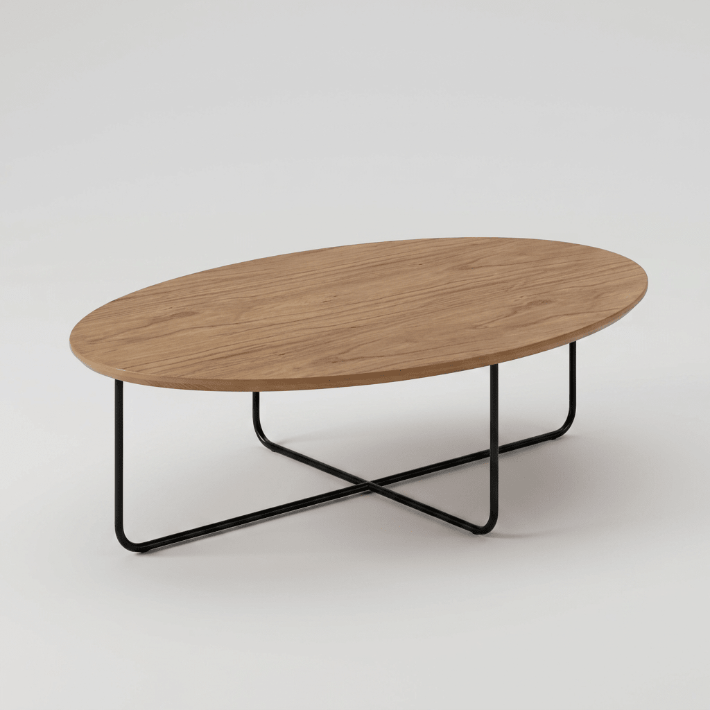 Mesa de centro oval de madeira clara com base metálica preta em X