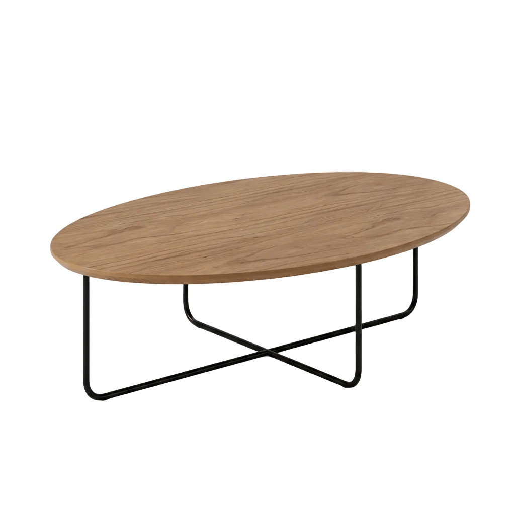 Mesa de centro oval de madeira clara com estrutura metálica preta cruzada