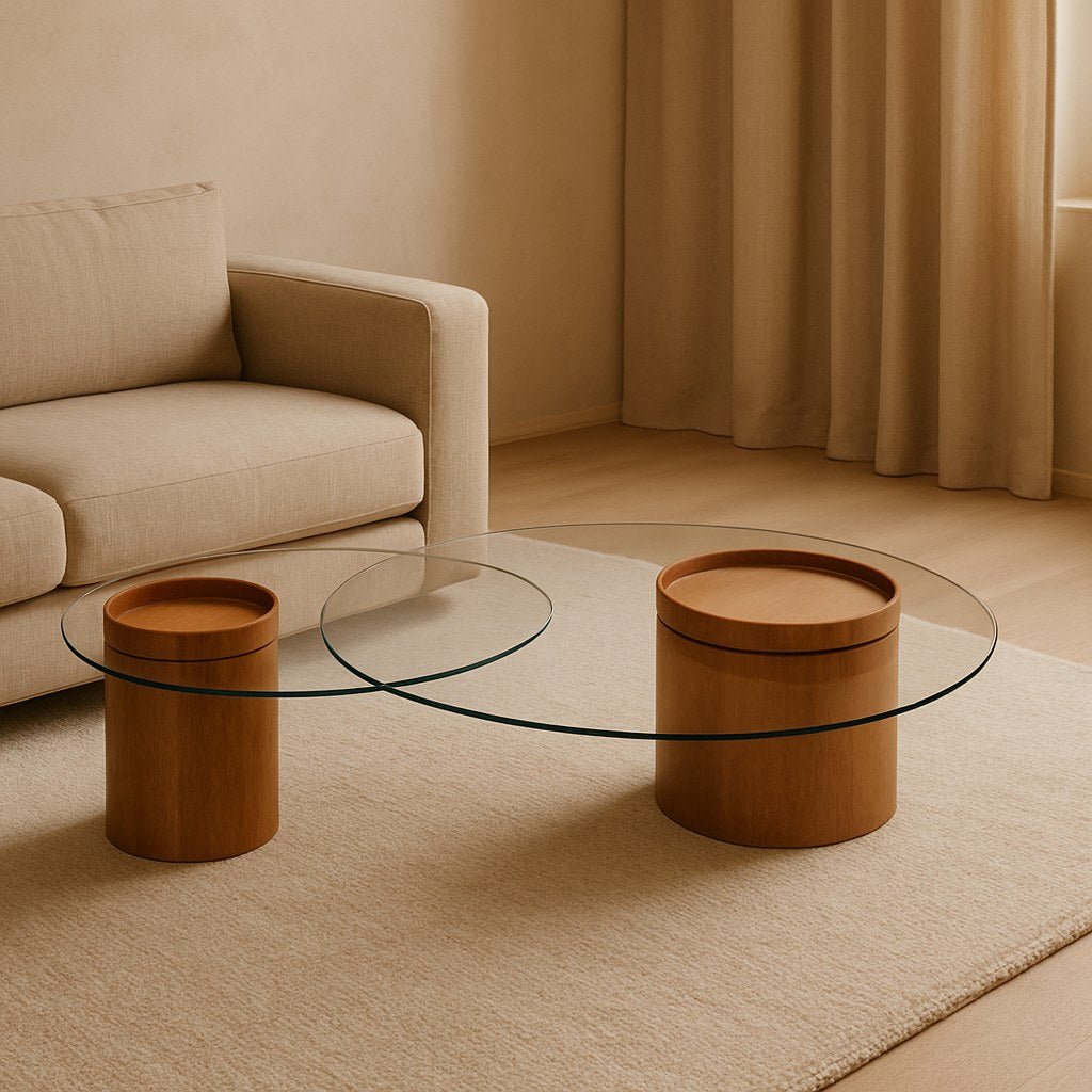 Mesa de centro de vidro e madeira em sala de estar com sofá, cortina e tapete