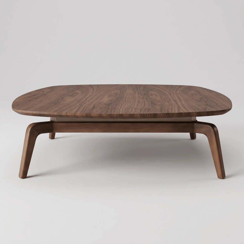 Mesa de centro de tampo de madeira com cantos suaves e quatro pés inclinados, vista frontal