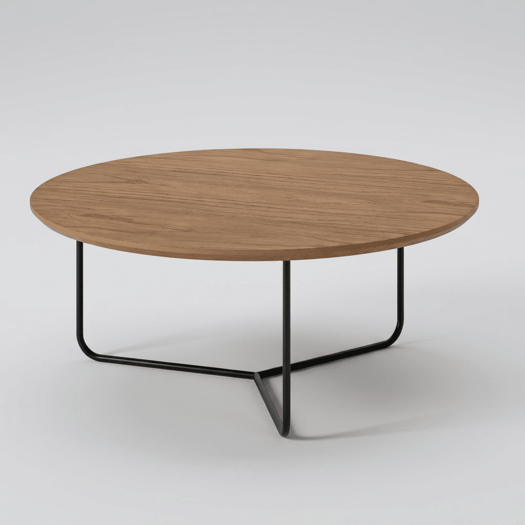 Mesa de centro redonda de madeira com base metálica preta em formato tubular