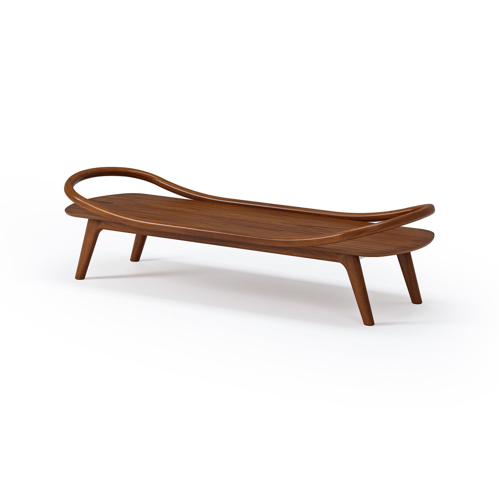 Mesa de centro laminada de madeira escura, tampo oval curvo e pernas inclinadas