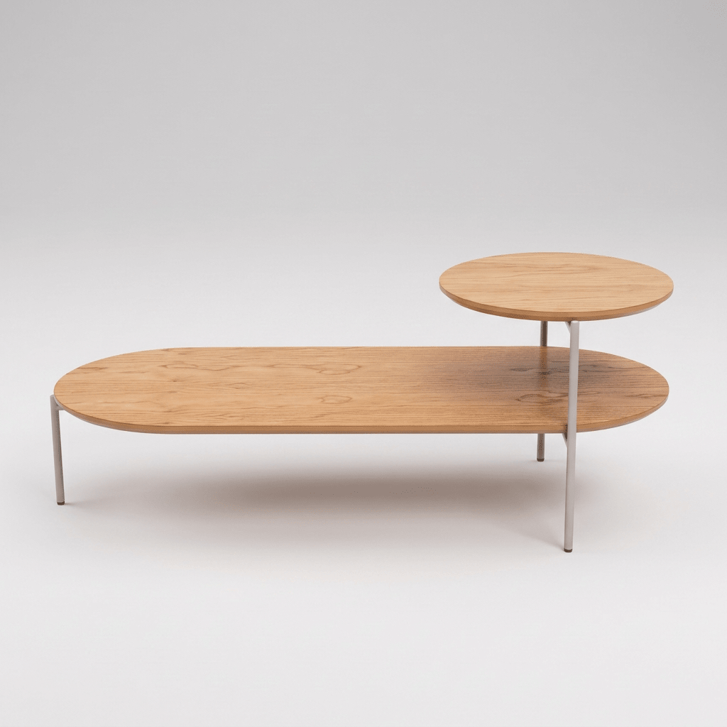 Mesa de centro baixa de tampo oval com tampo redondo mais alto na extremidade, vista frontal