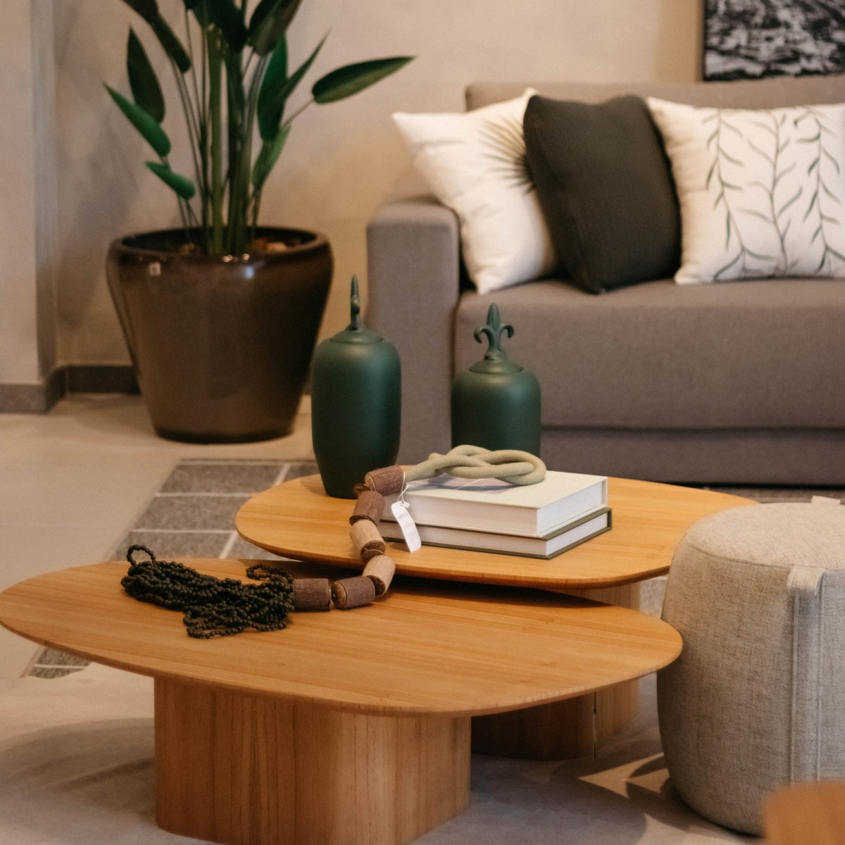 Mesa de centro de tampo oval com livros e vasos em sala de estar com puff, planta e sofá