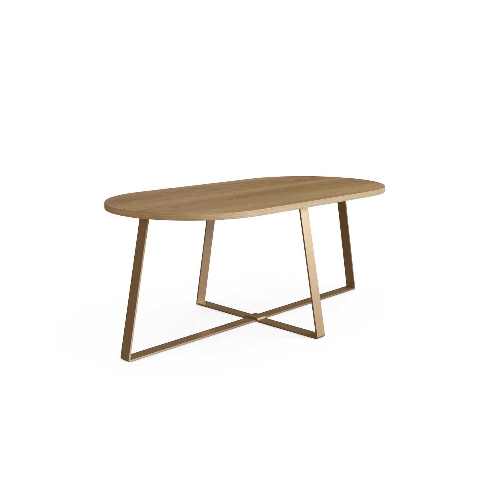 Mesa de centro retangular de madeira clara com base metálica dourada