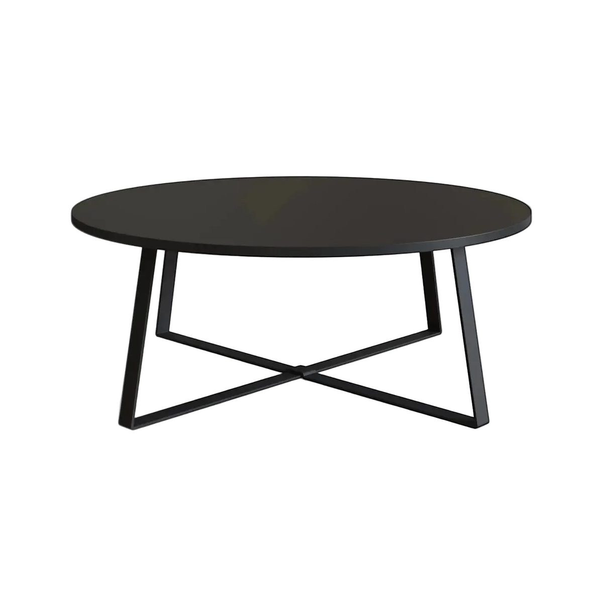 Mesa de centro redonda com tampo preto e base preta cruzada em X, vista frontal