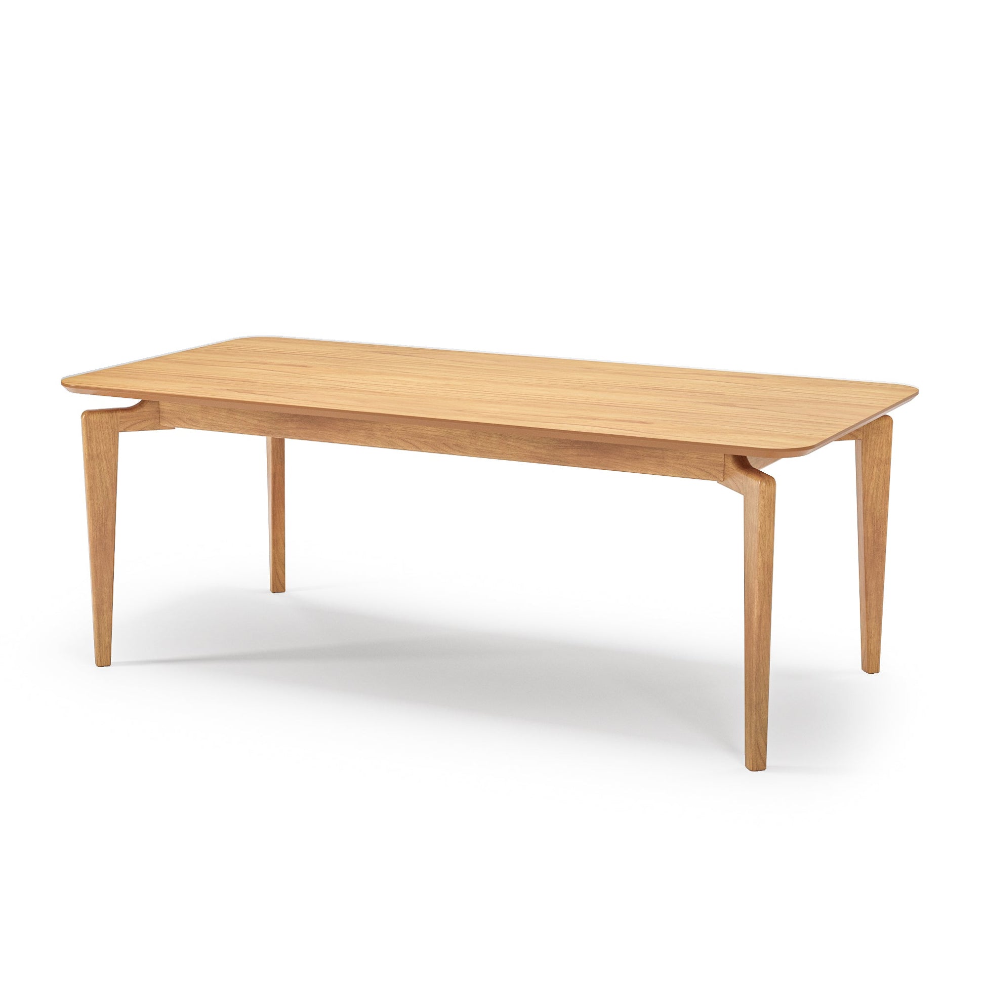 Mesa retangular laminada em madeira clara, cantos arredondados e quatro pés.