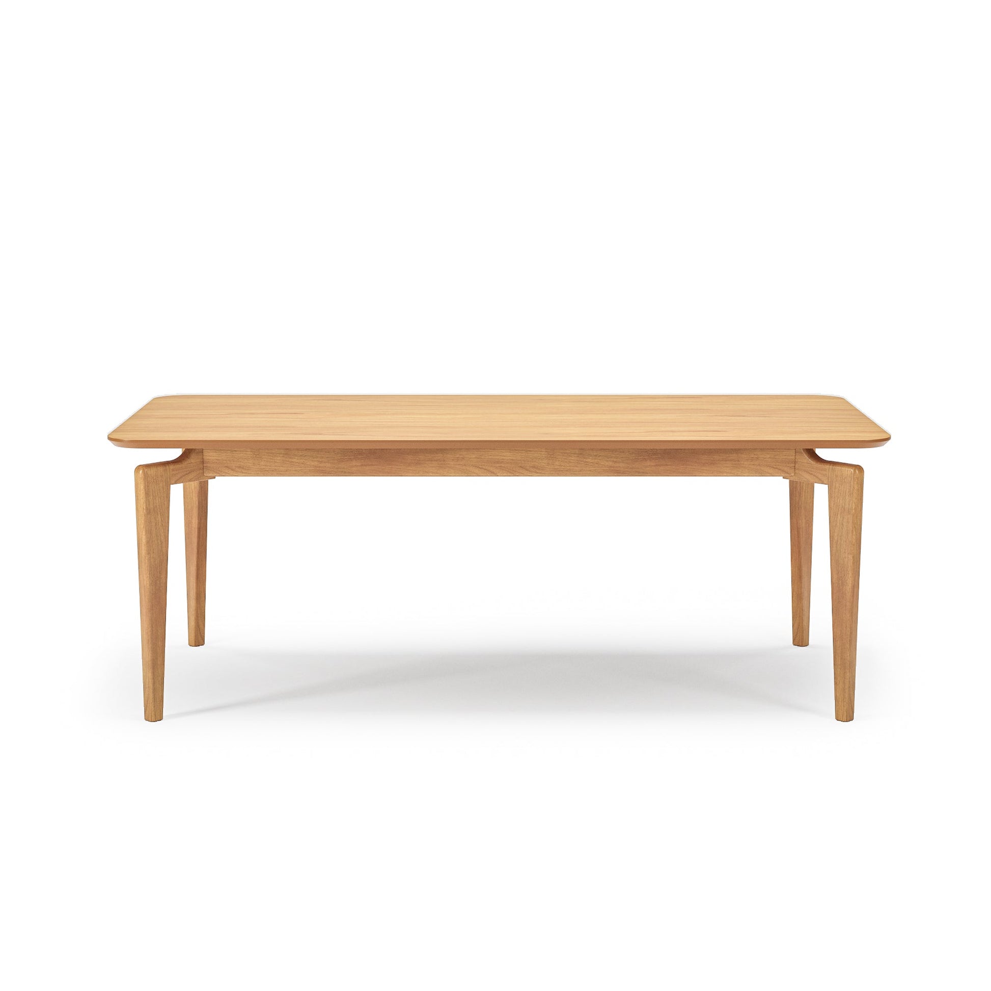 Mesa retangular de madeira clara laminada, tampo com bordas chanfradas e quatro pés.