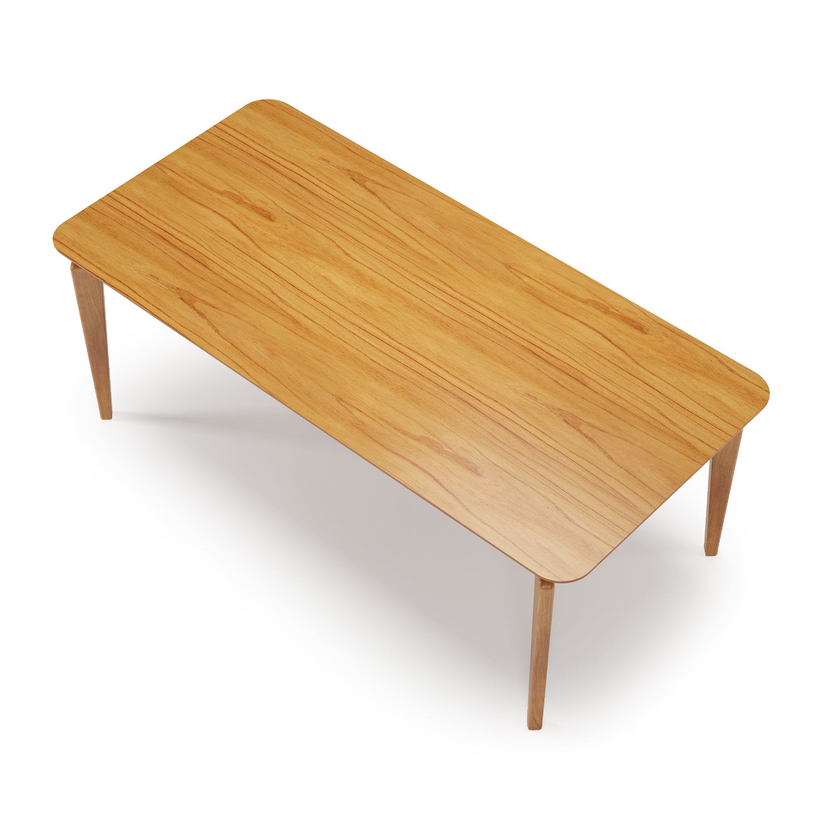 Mesa baixa de madeira clara laminada, tampo em ângulo e quatro pés estreitos.