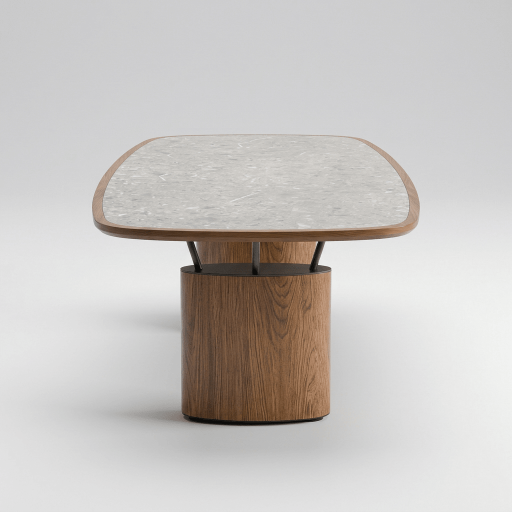 Mesa de jantar de tampo de cantos arredondados apoiado em base oval de madeira, vista lateral