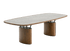 Mesa de jantar de tampo orgânico com borda de madeira sobre duas bases ovais de madeira com hastes inclinadas
