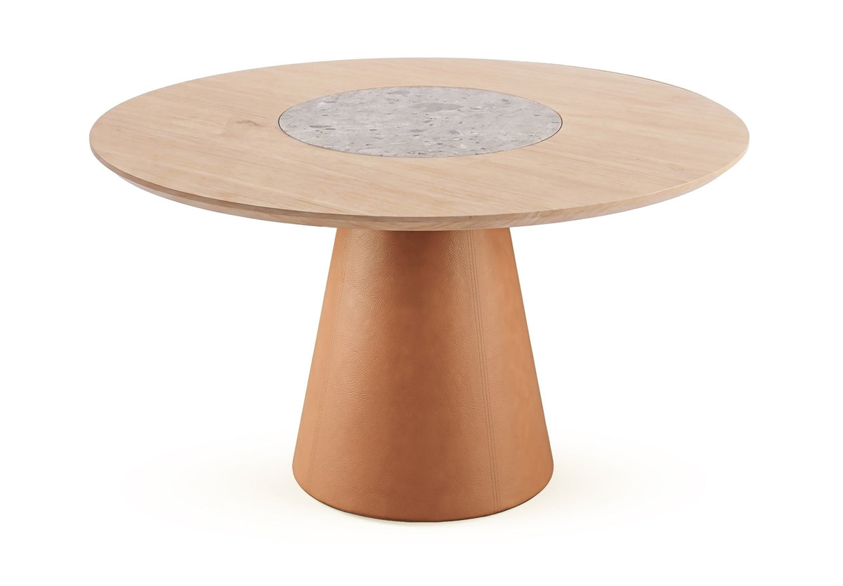 Mesa de jantar de tampo circular com disco central de aspecto pétreo sobre base cônica, vista frontal