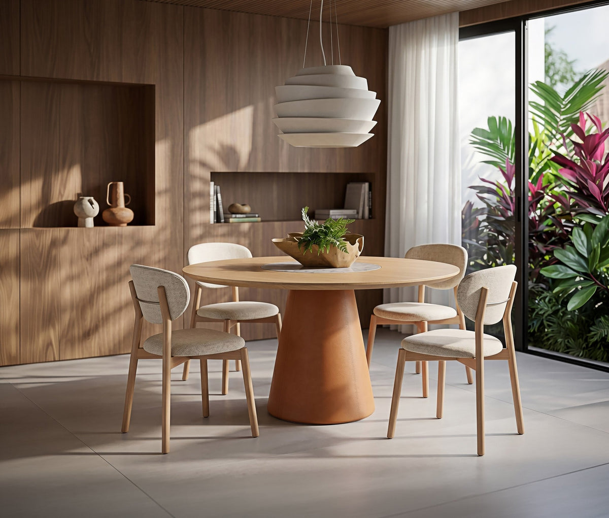 Mesa de jantar redonda de base cônica em sala de jantar com cadeiras, pendente e painel de madeira