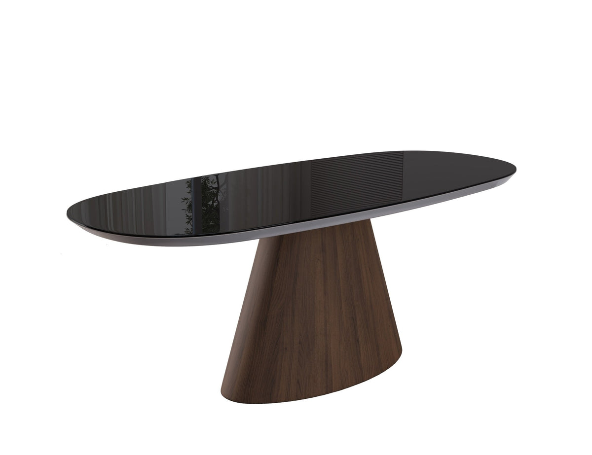 Mesa de jantar oval de tampo brilhante sobre base cônica de madeira