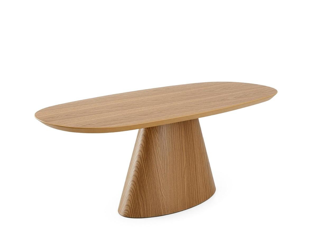 Mesa de jantar oval com tampo e base cônica de madeira, vista de três quartos