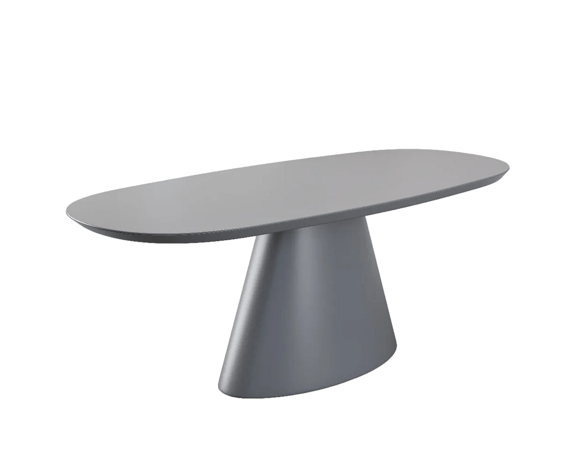 Mesa de jantar oval com base cônica central, tampo e base em acabamento liso fosco