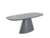 Mesa de jantar oval com base cônica central, tampo e base em acabamento liso fosco