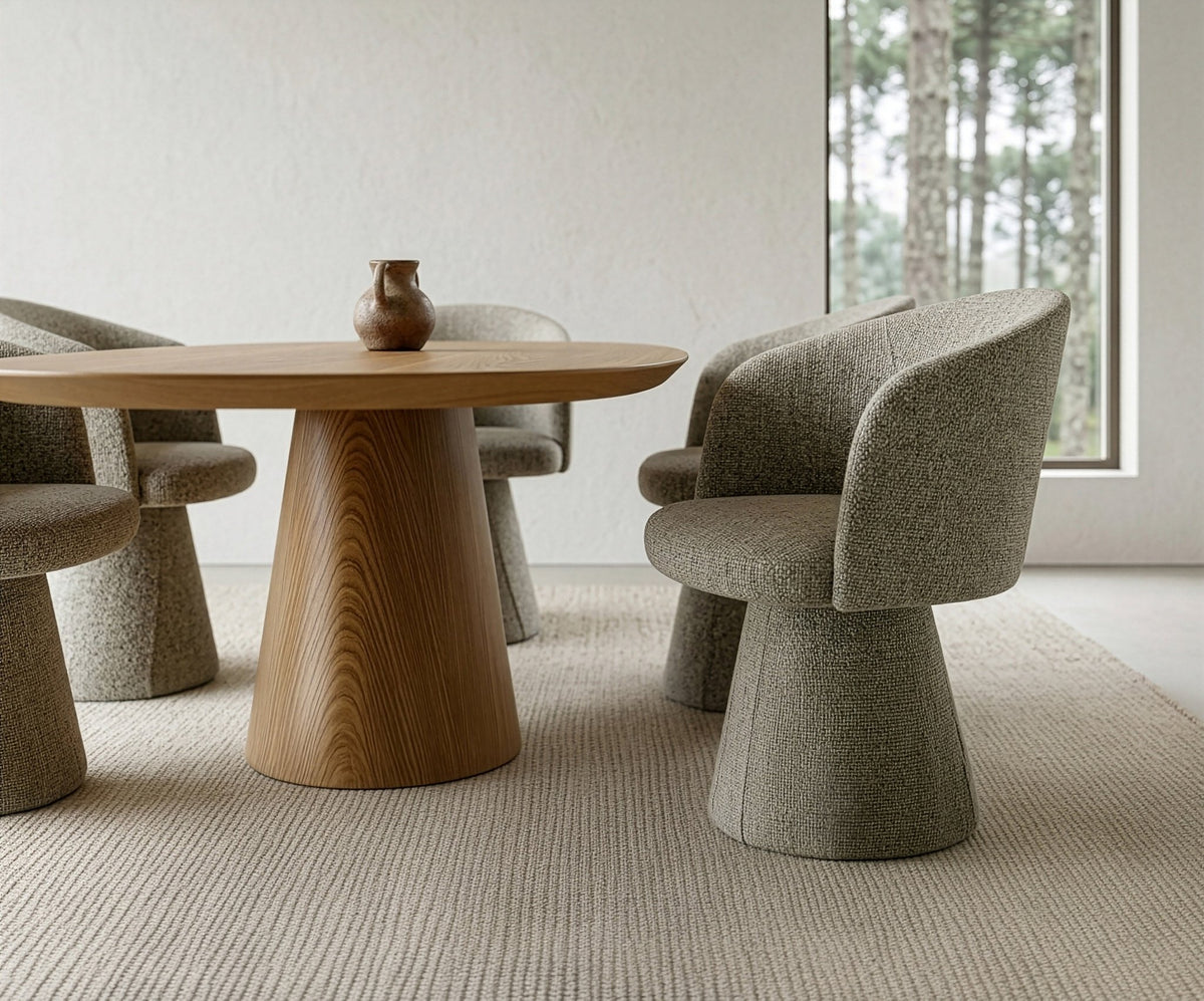 Mesa de jantar de base cônica de madeira em sala de jantar com cadeiras estofadas curvas e janela