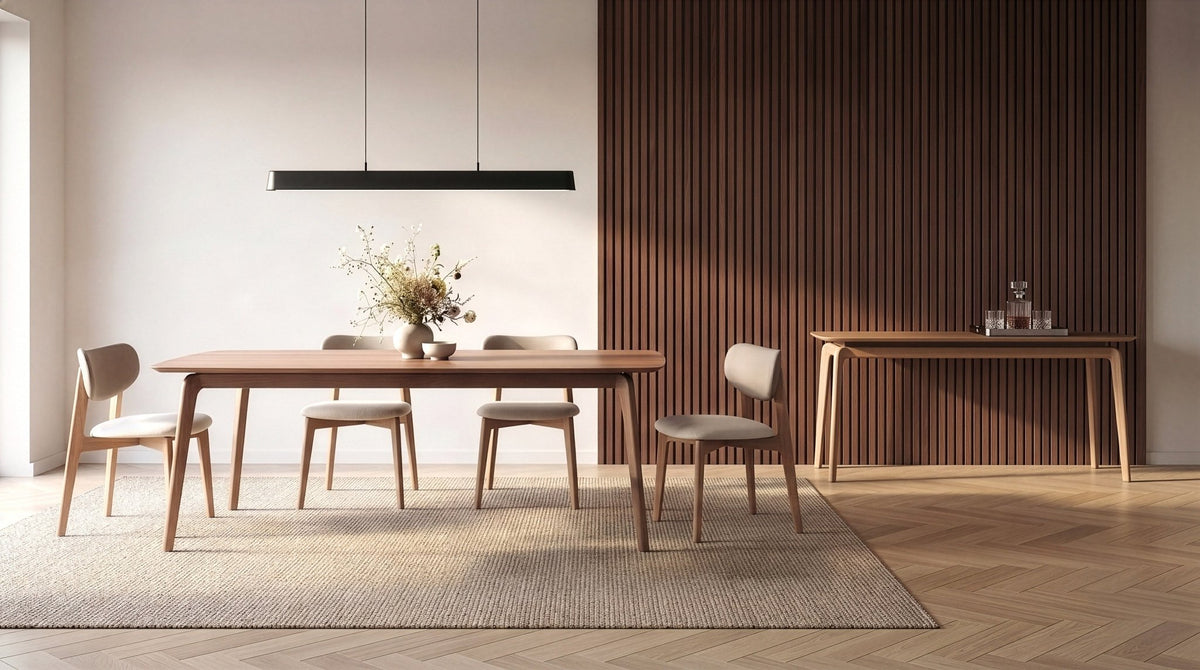 Mesa de jantar de madeira em sala de jantar com cadeiras, pendente linear e painel ripado