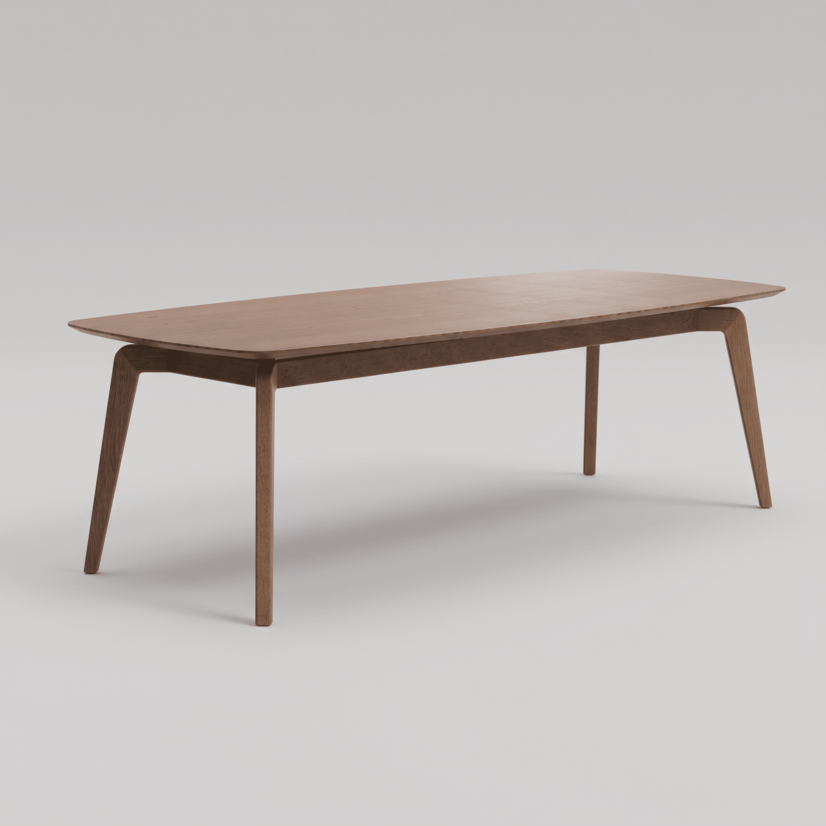 Mesa de jantar alongada de tampo de madeira com pés inclinados, vista lateral