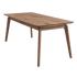 Mesa de jantar retangular com tampo de madeira de cantos suaves e pés de madeira inclinados